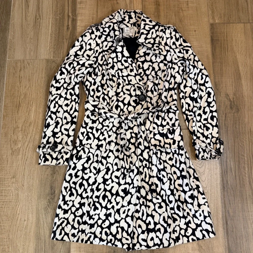 Alberto Makali Black White Leopard Print Belted Trench Coat Lined Size 8